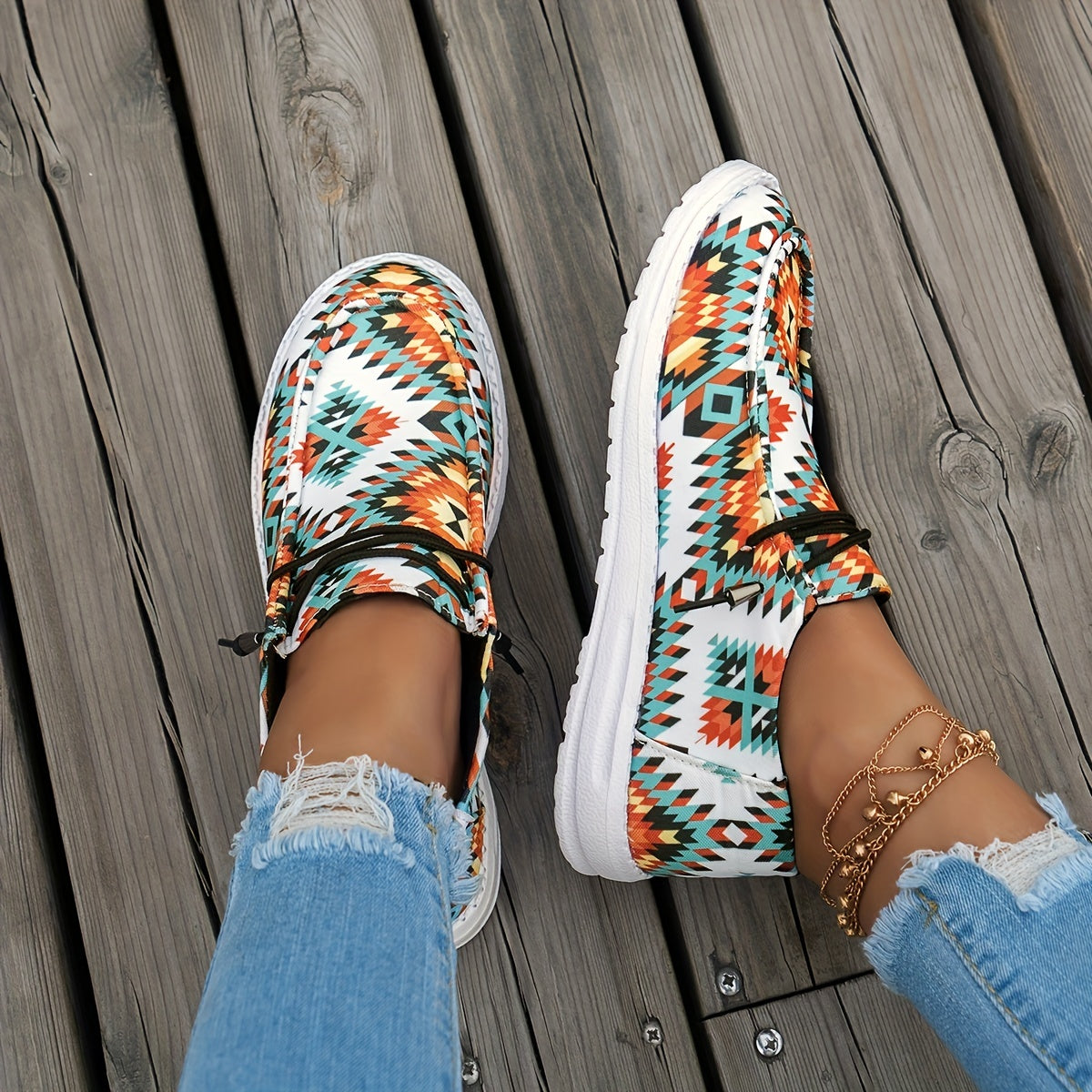 Women's Geometric Pattern Canvas Shoes, Casual Lace Up Outdoor Sneakers, Lightweight Low Top Shoes